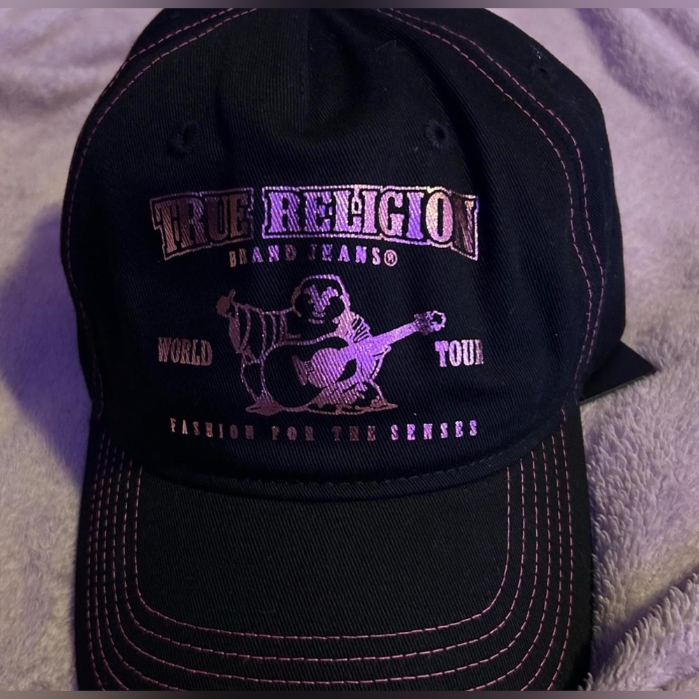 Black True Religion Buddha Logo Trucker Hat w pink stitching